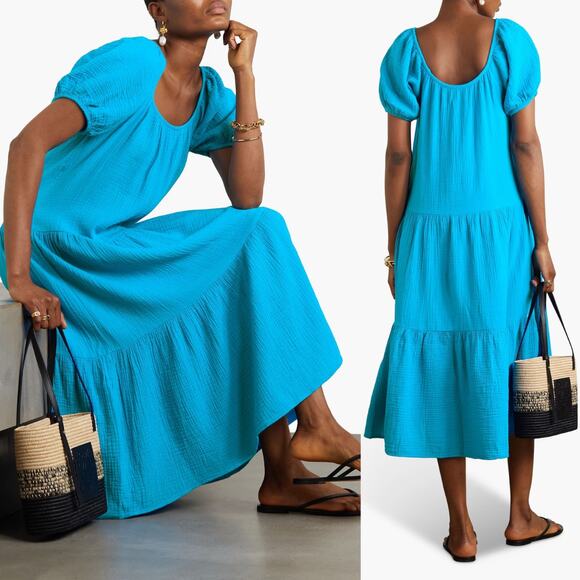 NEW Honorine Pamela Cotton Gauze Blue Short Sleeve Tiered Midi Dress Size Small